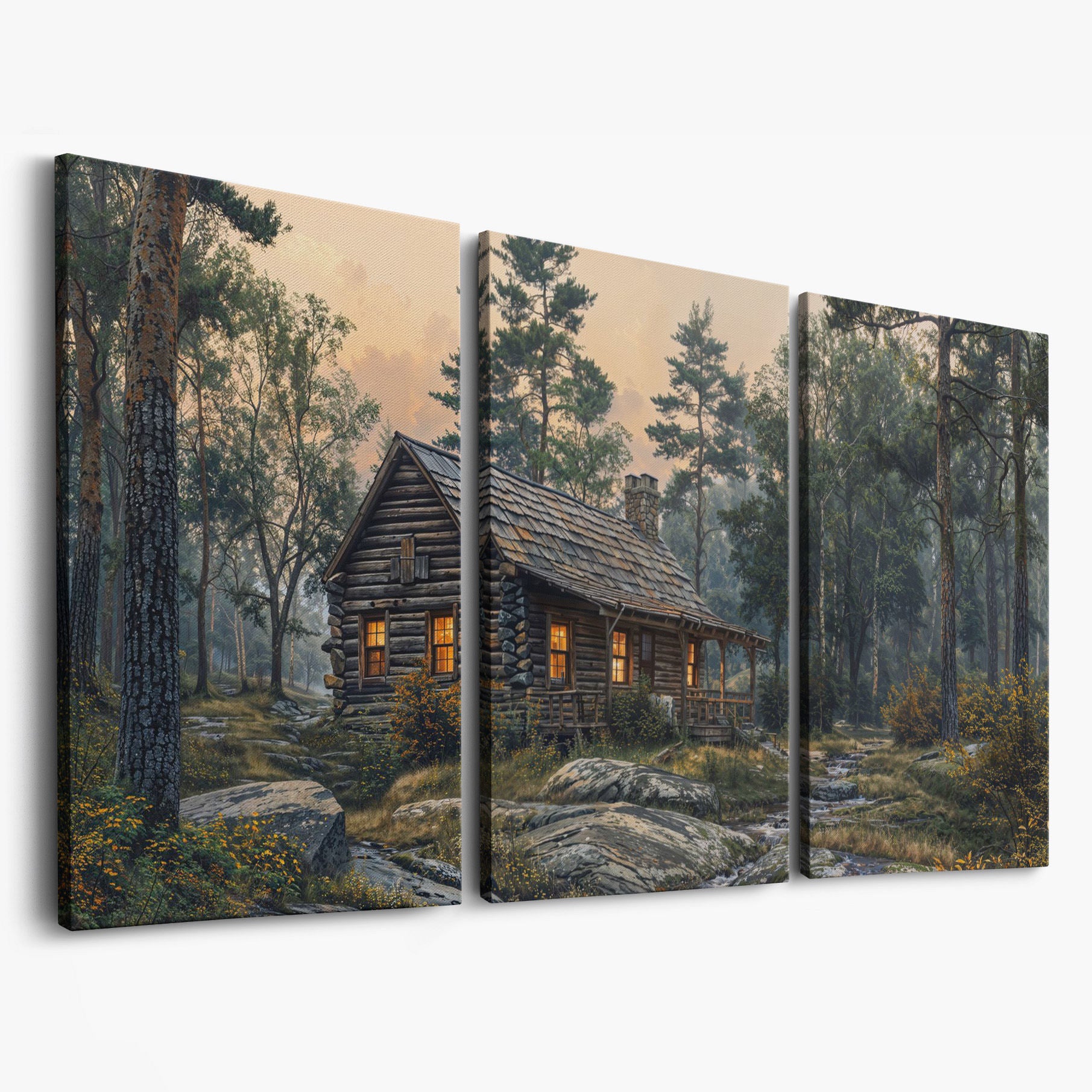 Secluded Forest Cabin Canvas Wall Art as 3-panel split version