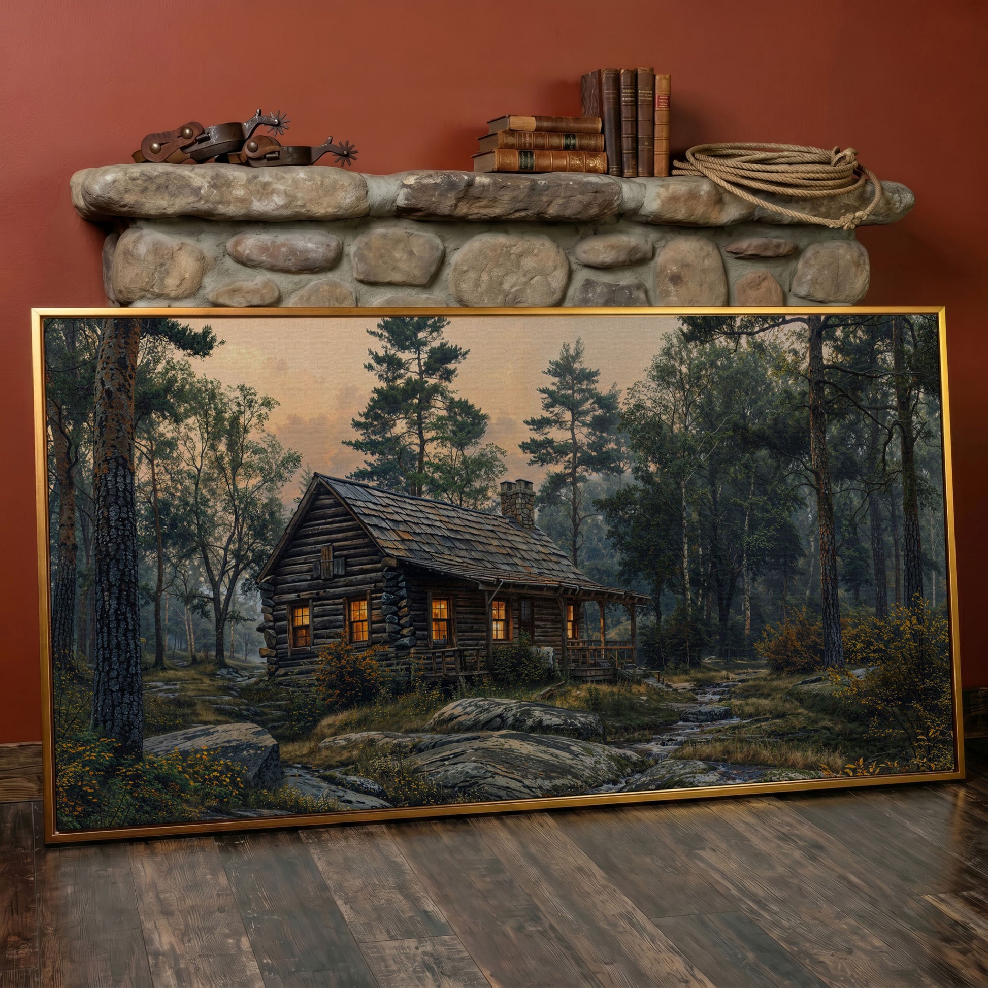 Secluded Forest Cabin Canvas Wall Art in antique gold floating frame