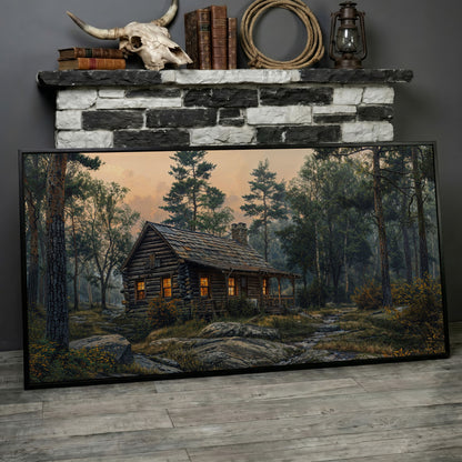 Secluded Forest Cabin Canvas Wall Art in black floating frame