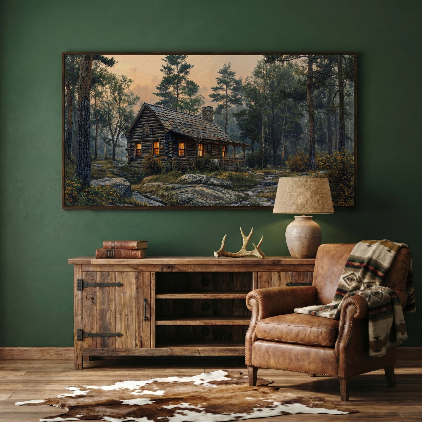 Secluded Forest Cabin Canvas Wall Art in dark walnut floating frame