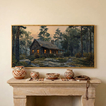 Secluded Forest Cabin Canvas Wall Art in white oak floating frame