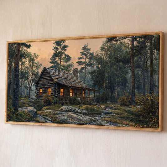 Secluded Forest Cabin Canvas Wall Art shown in white oak floating frame