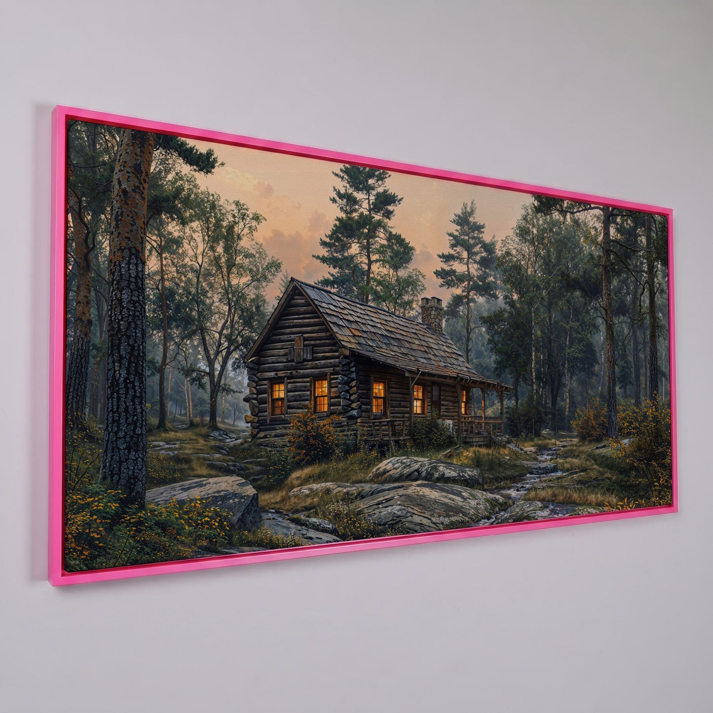 Secluded Forest Cabin Canvas Wall Art in pink floating frame