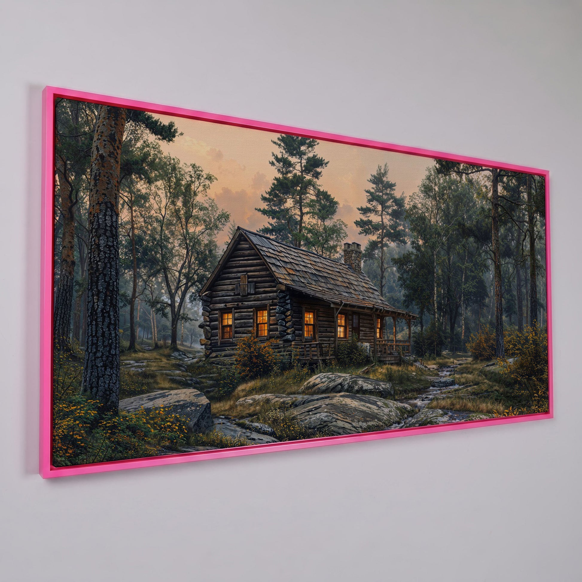 Secluded Forest Cabin Canvas Wall Art in pink floating frame