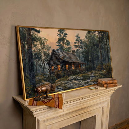 Secluded Forest Cabin Canvas Wall Art in rose gold floating frame
