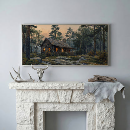 Secluded Forest Cabin Canvas Wall Art in silver floating frame