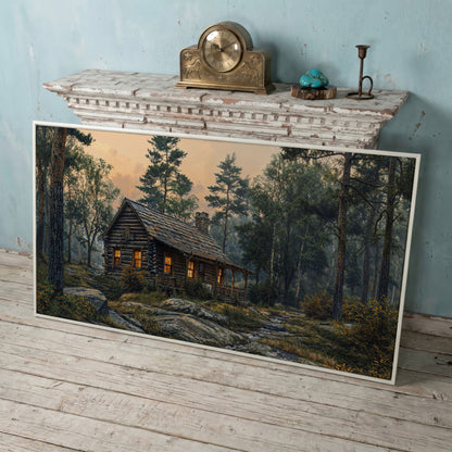Secluded Forest Cabin Canvas Wall Art in white floating frame