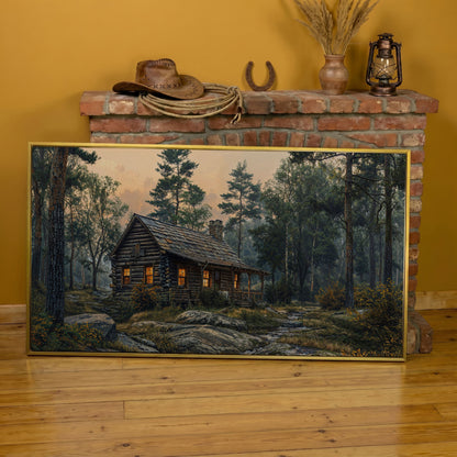 Secluded Forest Cabin Canvas Wall Art in yellow gold floating frame