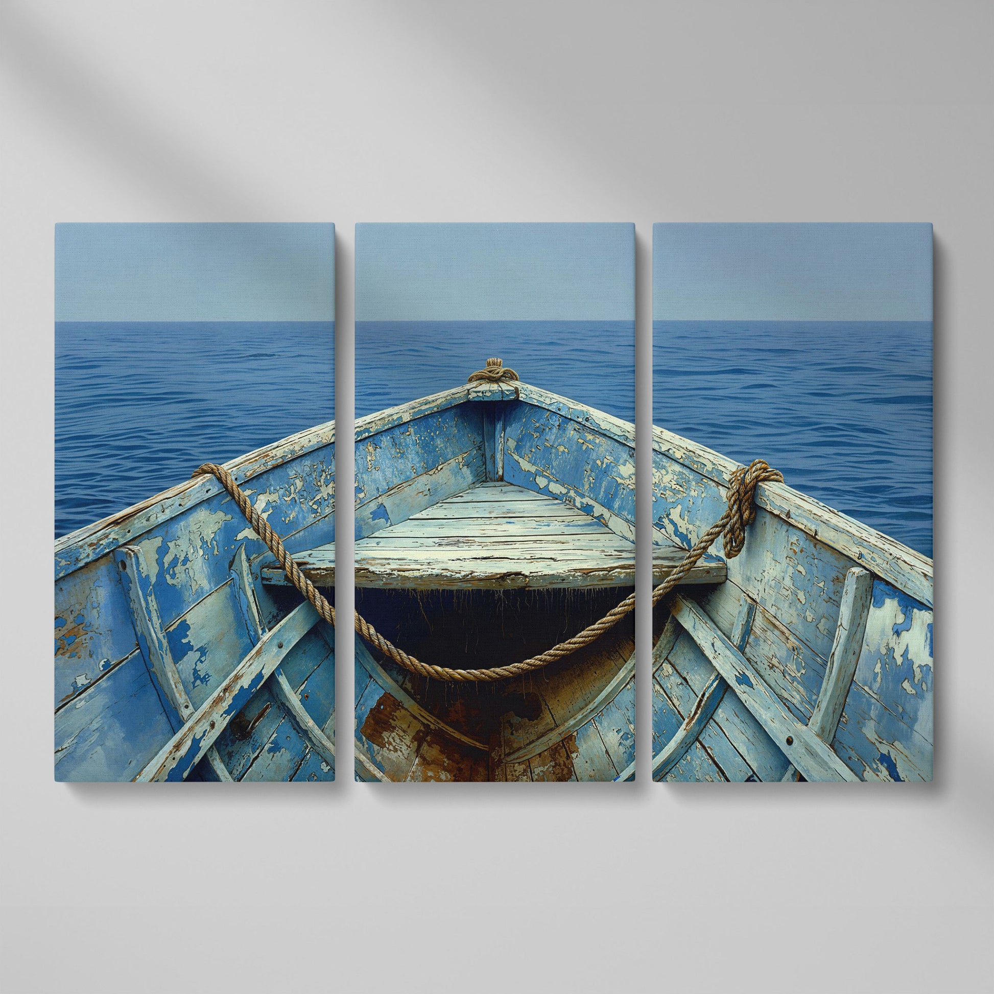 Old Rowboat Canvas Print. Weathered Nautical Seascape as 3-panel split version
