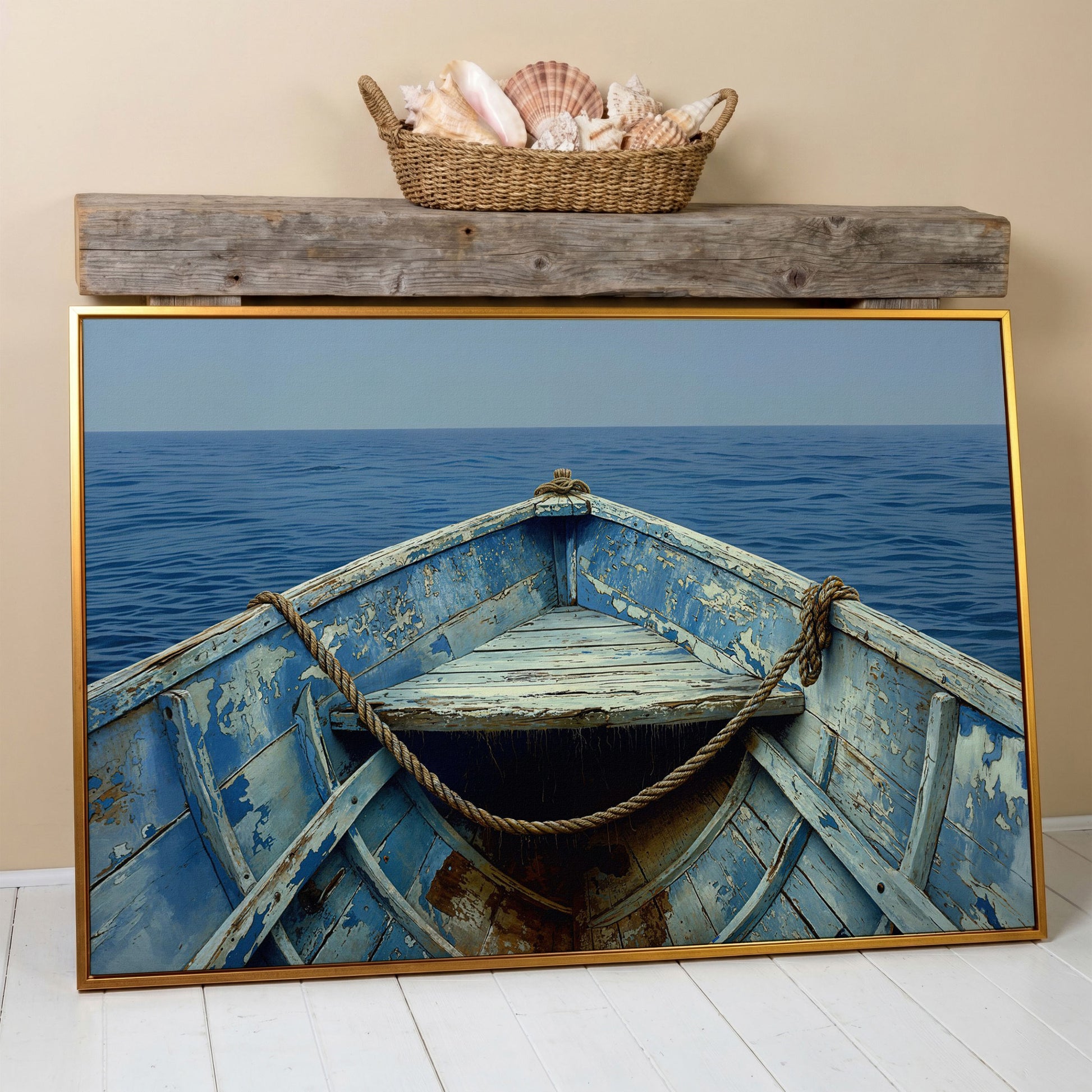 Old Rowboat Canvas Print. Weathered Nautical Seascape in antique gold floating frame