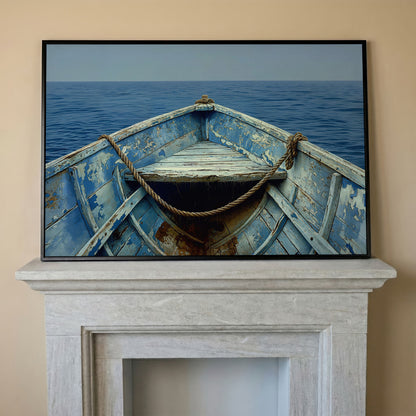 Old Rowboat Canvas Print. Weathered Nautical Seascape in black floating frame