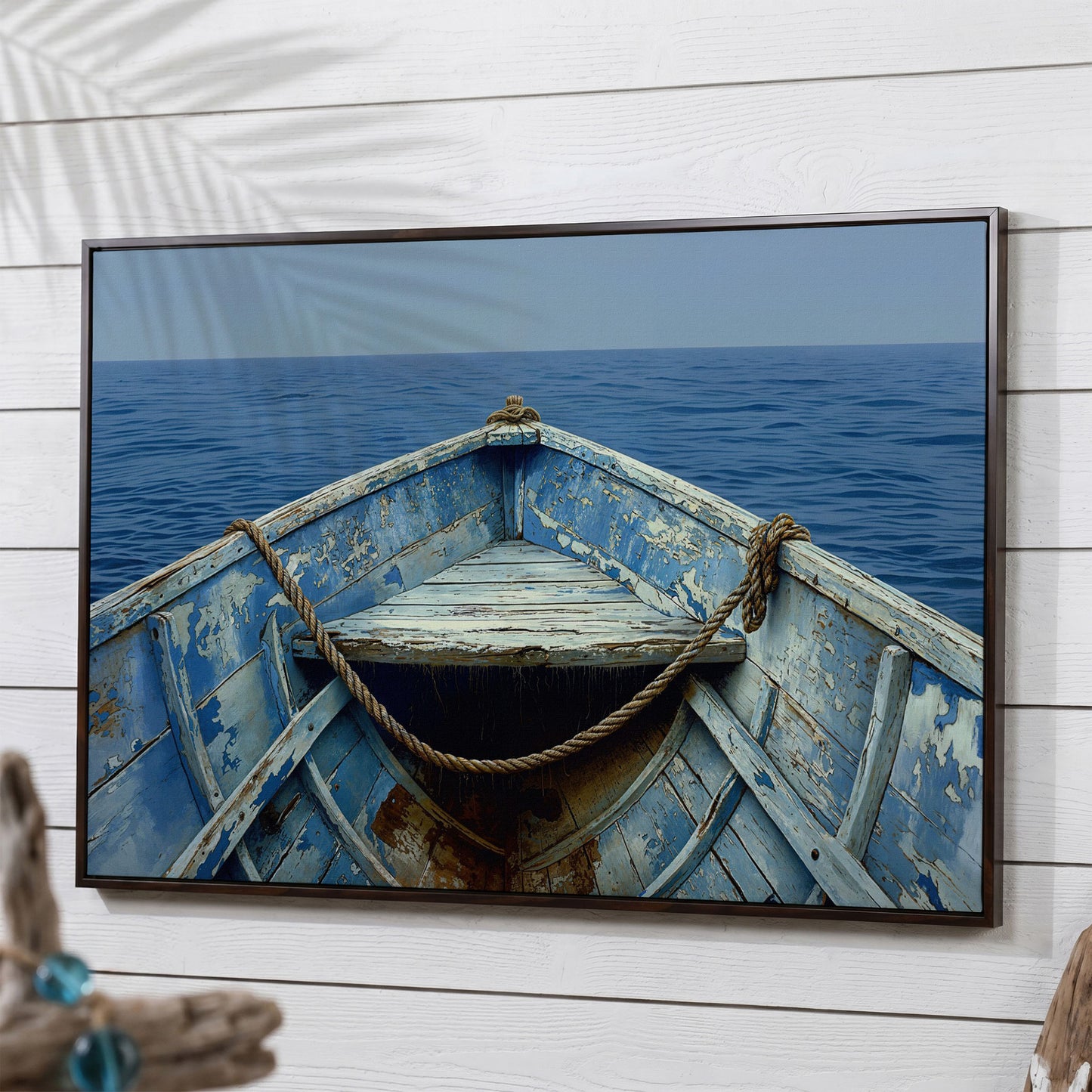 Old Rowboat Canvas Print. Weathered Nautical Seascape in dark walnut floating frame