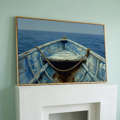Old Rowboat Canvas Print. Weathered Nautical Seascape in white oak floating frame