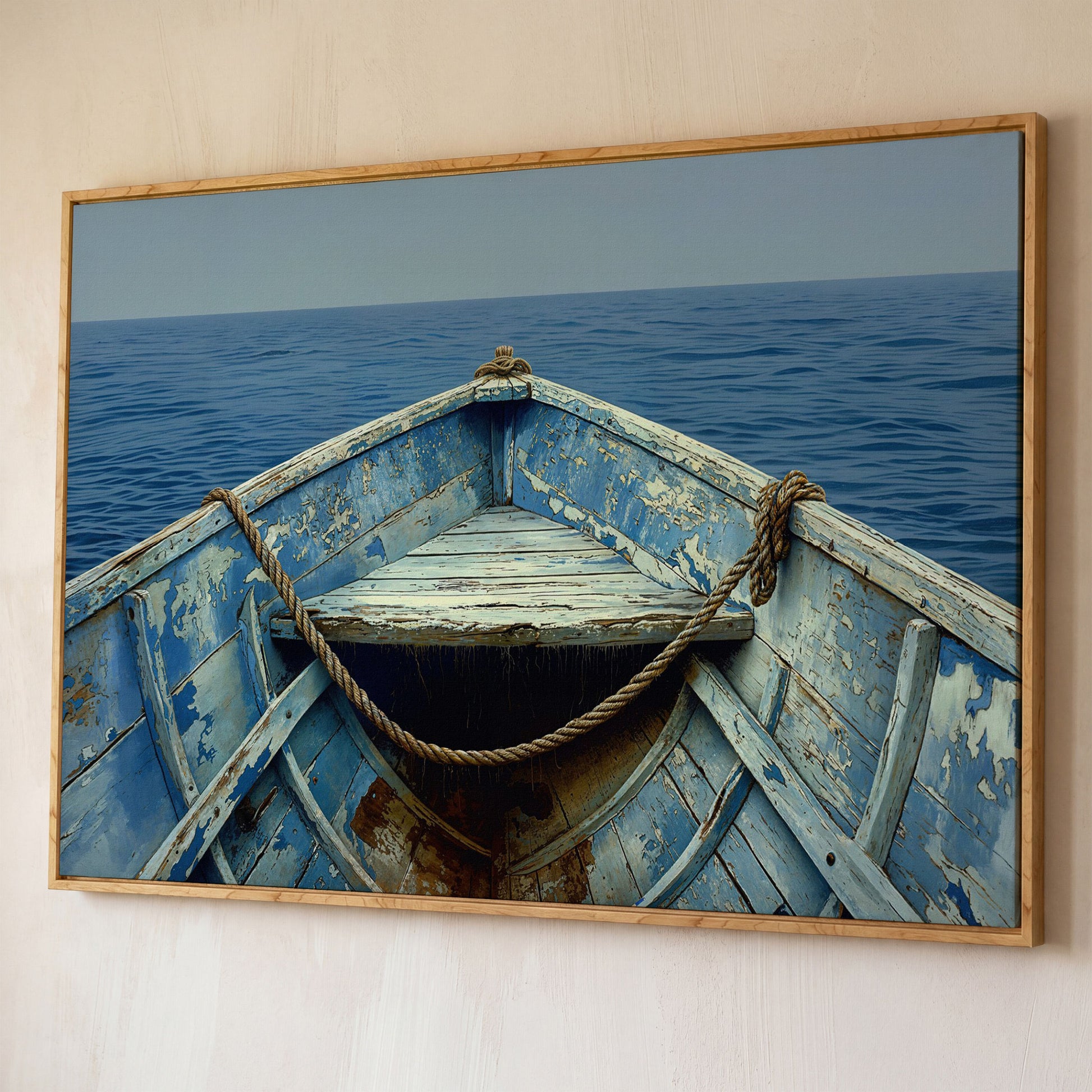 Old Rowboat Canvas Print. Weathered Nautical Seascape shown in white oak floating frame