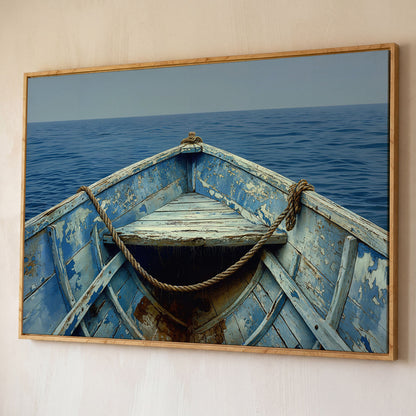 Old Rowboat Canvas Print. Weathered Nautical Seascape shown in white oak floating frame
