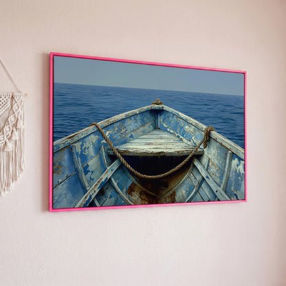 Old Rowboat Canvas Print. Weathered Nautical Seascape in pink floating frame