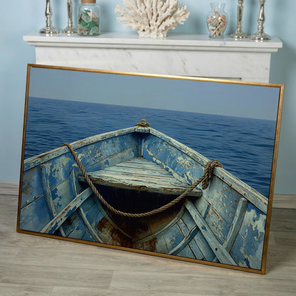 Old Rowboat Canvas Print. Weathered Nautical Seascape in rose gold floating frame