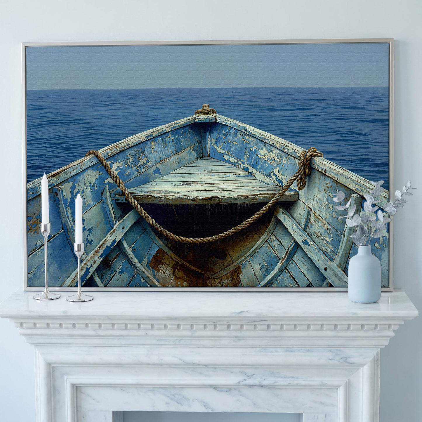 Old Rowboat Canvas Print. Weathered Nautical Seascape in silver floating frame