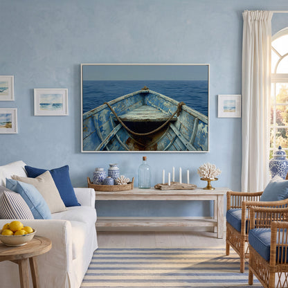 Old Rowboat Canvas Print. Weathered Nautical Seascape in white floating frame
