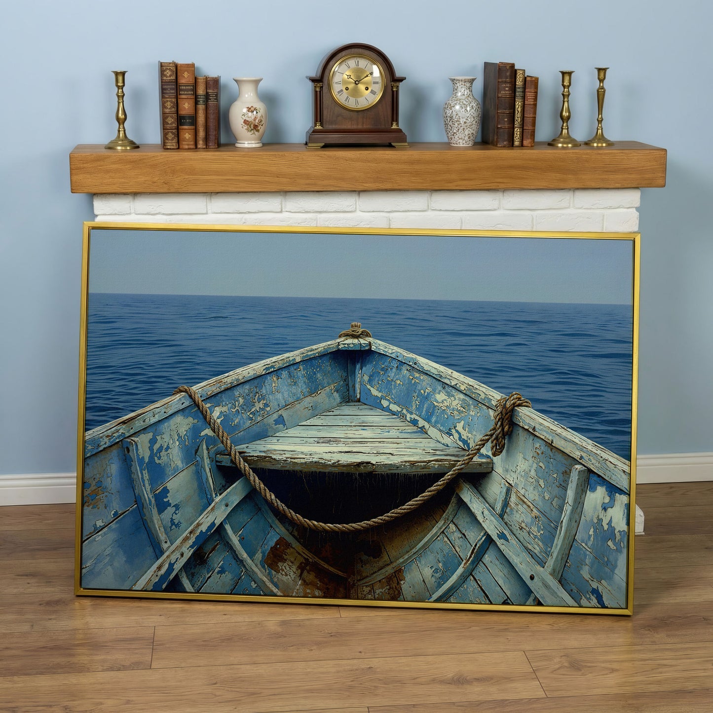 Old Rowboat Canvas Print. Weathered Nautical Seascape in yellow gold floating frame