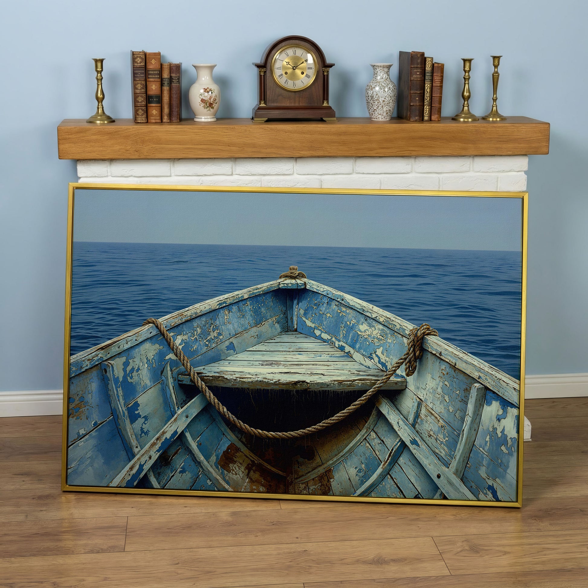 Old Rowboat Canvas Print. Weathered Nautical Seascape in yellow gold floating frame