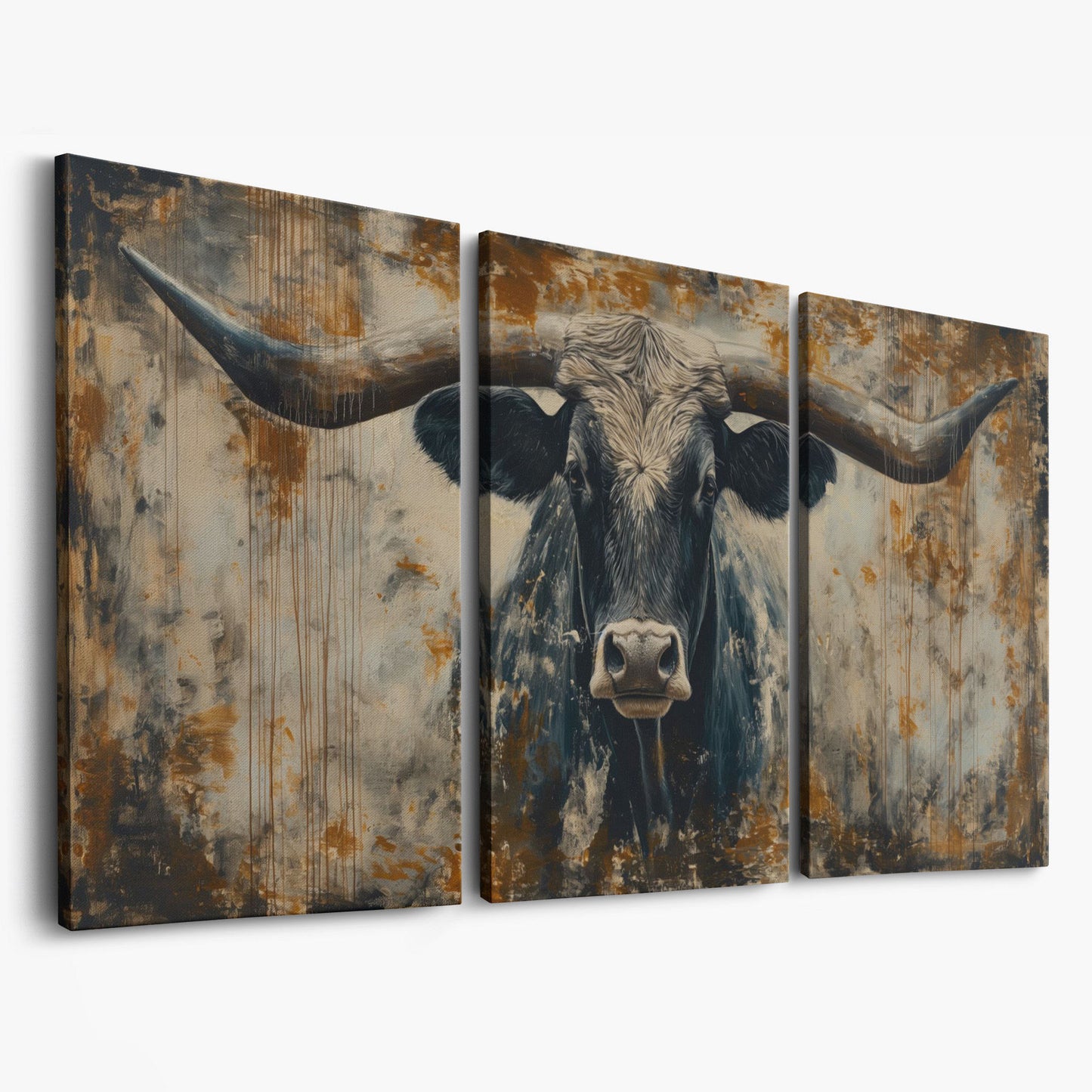 Rustic Bull Longhorn Canvas Print as 3-panel split version