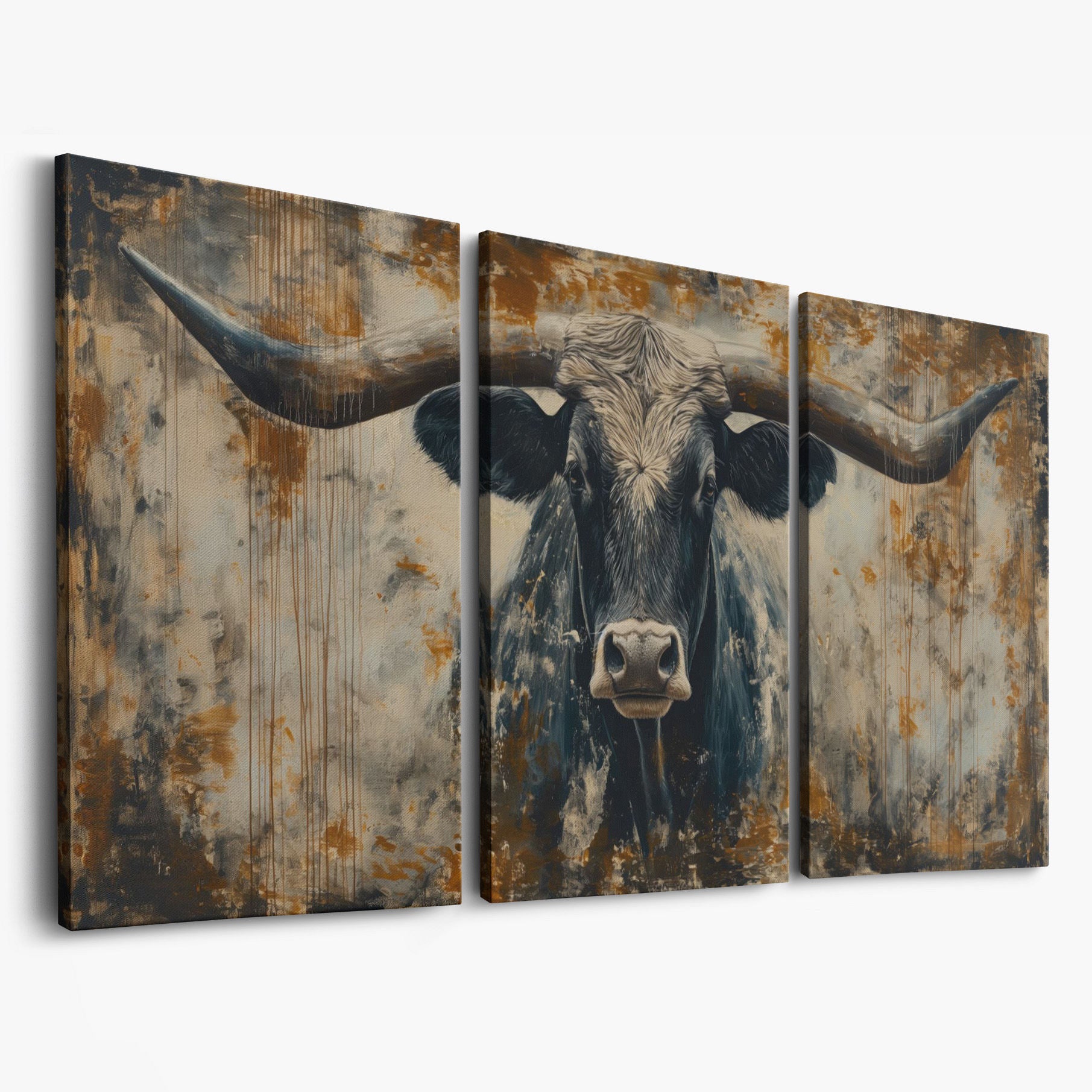 Rustic Bull Longhorn Canvas Print as 3-panel split version