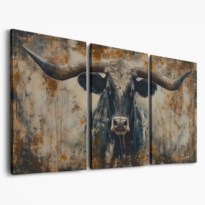 Rustic Bull Longhorn Canvas Print as 3-panel split version