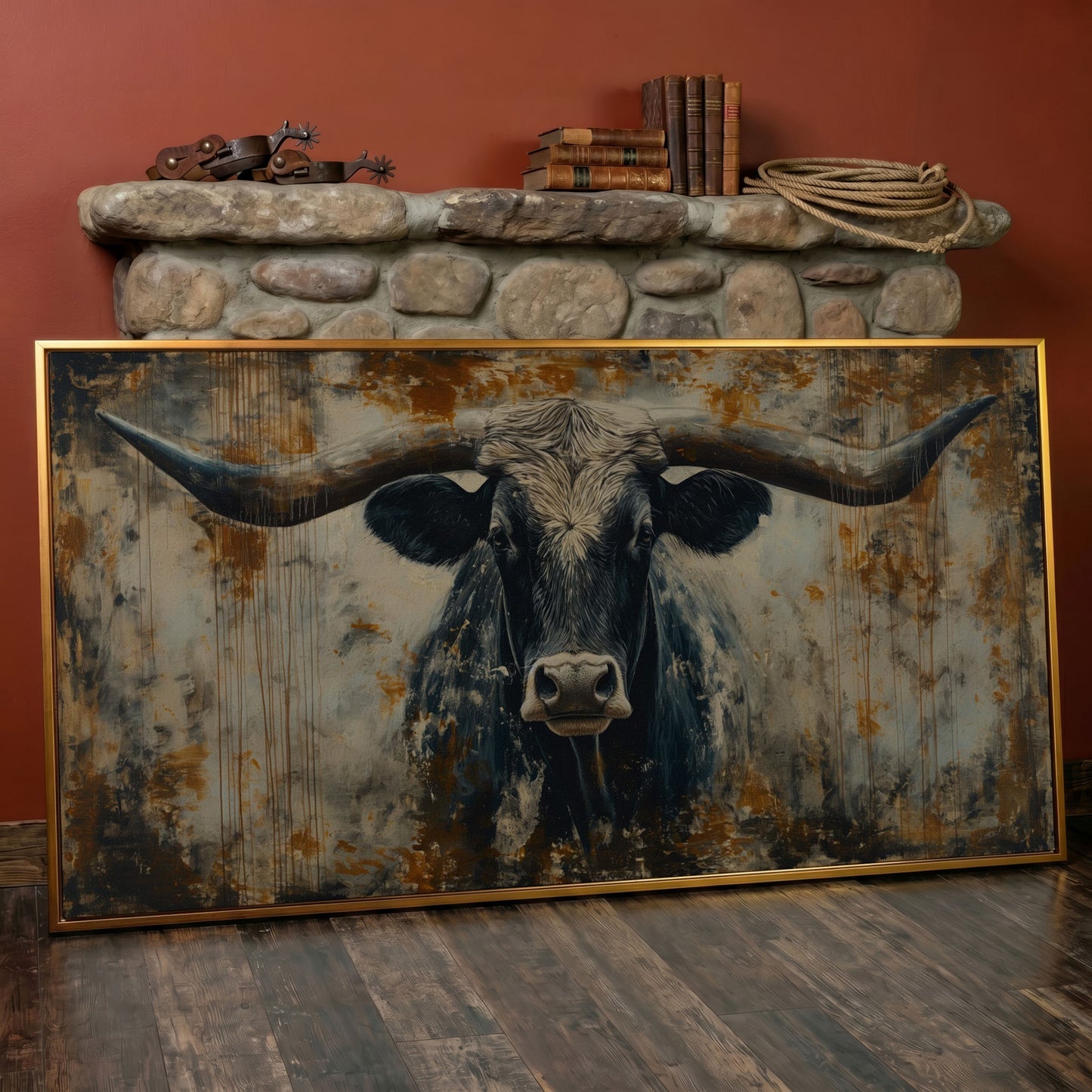 Rustic Bull Longhorn Canvas Print in antique gold floating frame