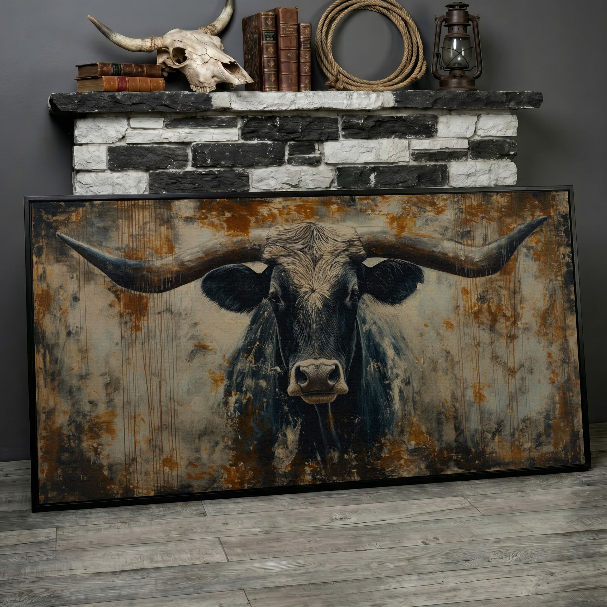Rustic Bull Longhorn Canvas Print in black floating frame