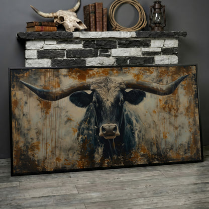 Rustic Bull Longhorn Canvas Print in black floating frame