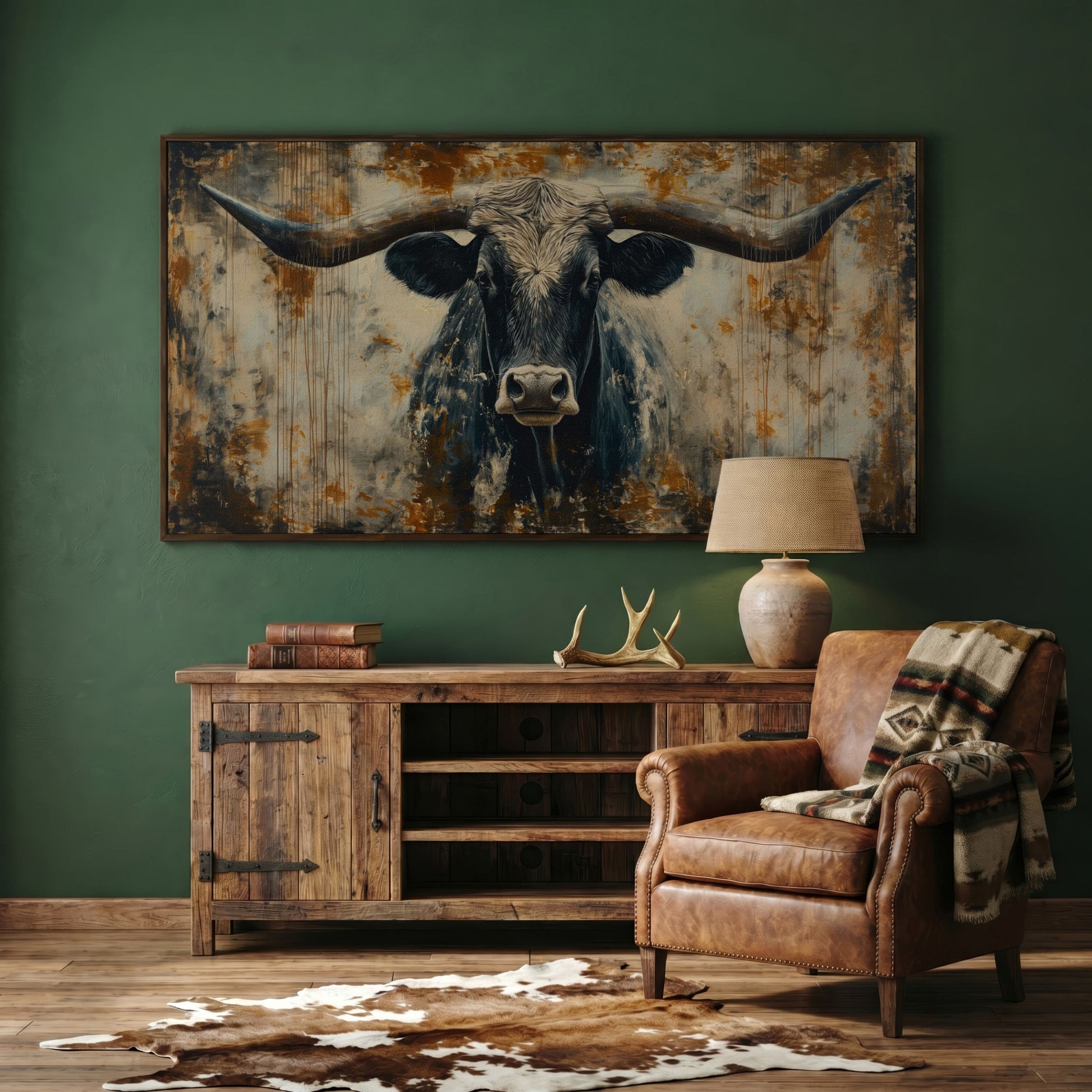 Rustic Bull Longhorn Canvas Print in dark walnut floating frame
