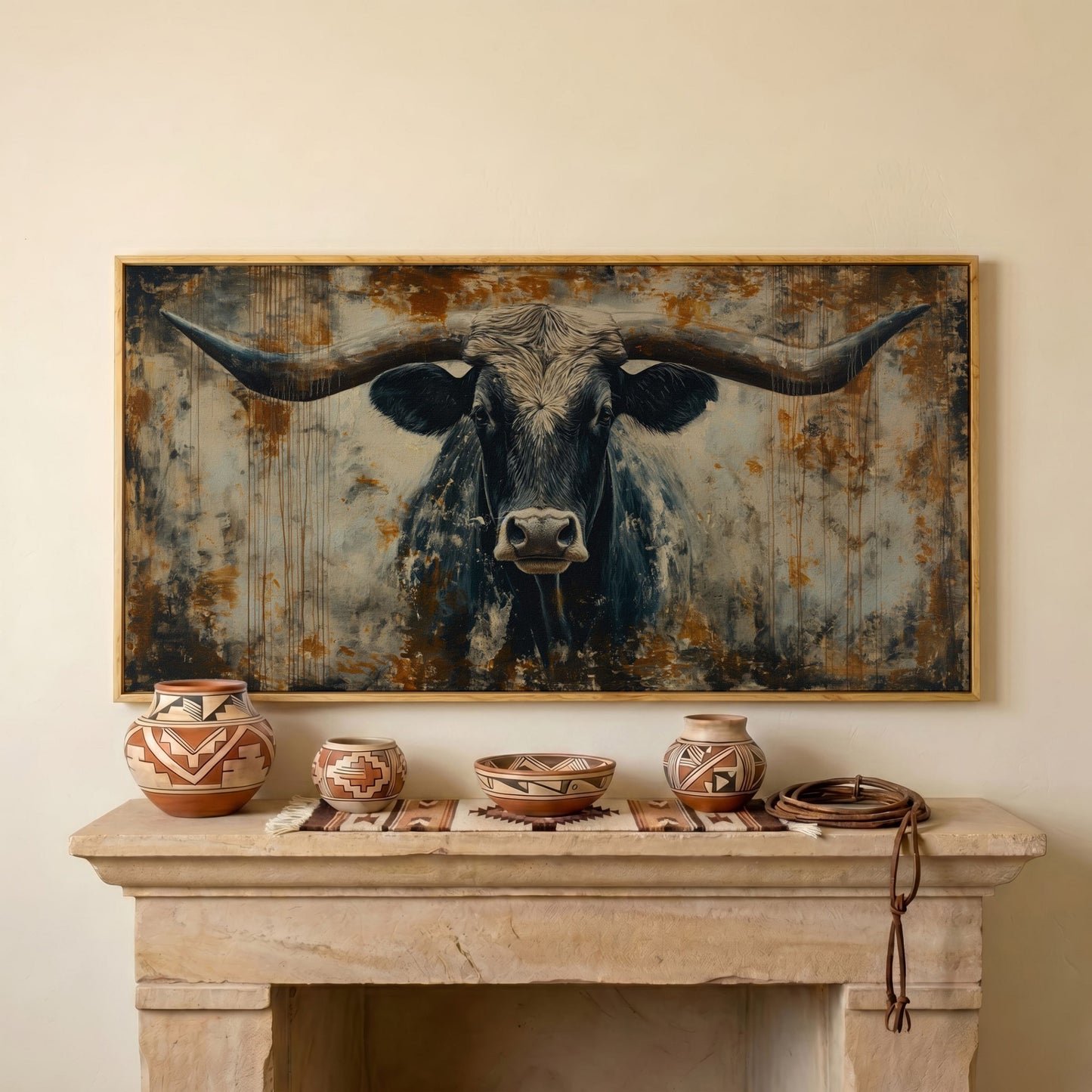 Rustic Bull Longhorn Canvas Print in white oak floating frame