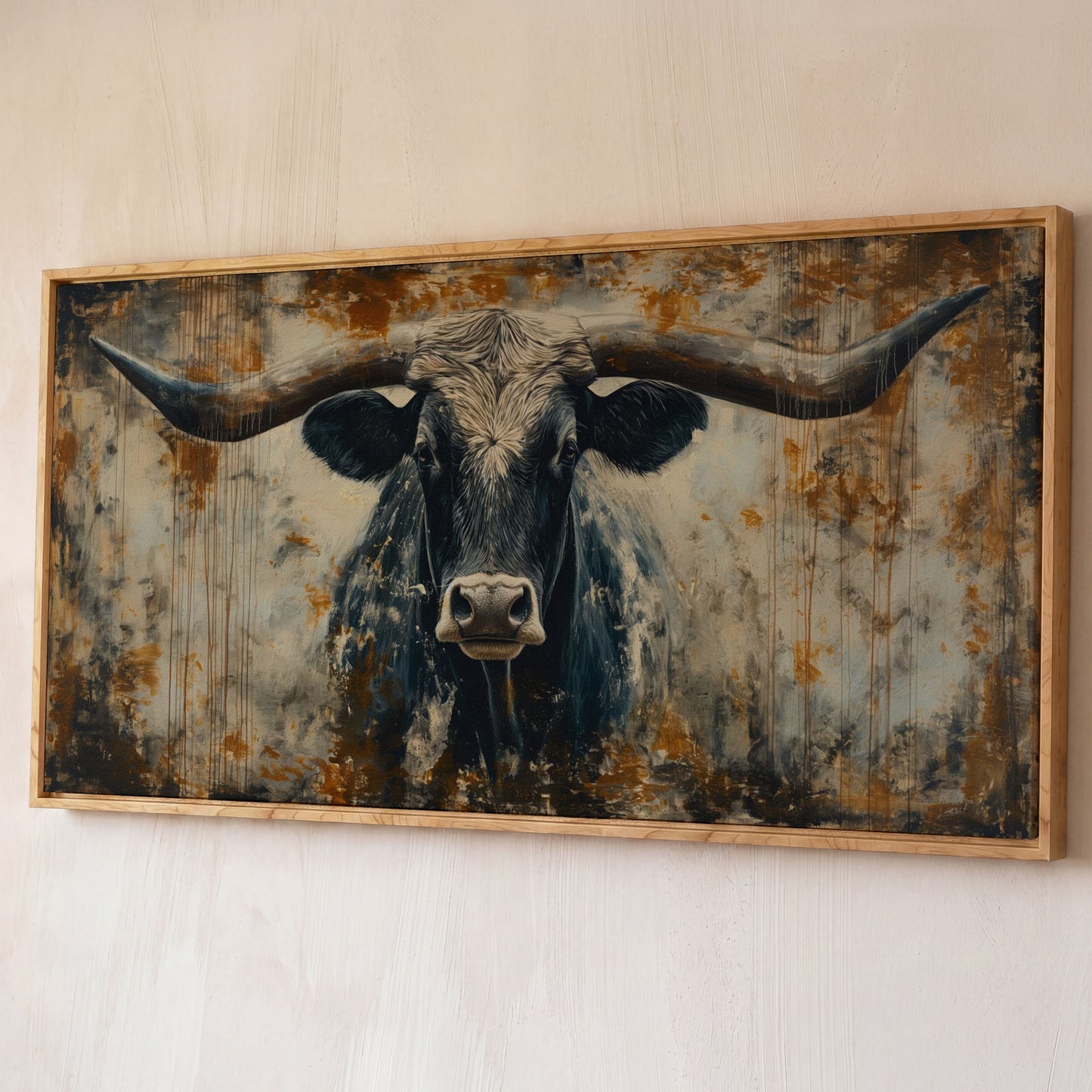 Rustic Bull Longhorn Canvas Print shown in white oak floating frame