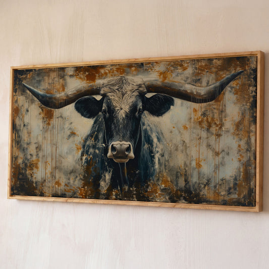 Rustic Bull Longhorn Canvas Print shown in white oak floating frame