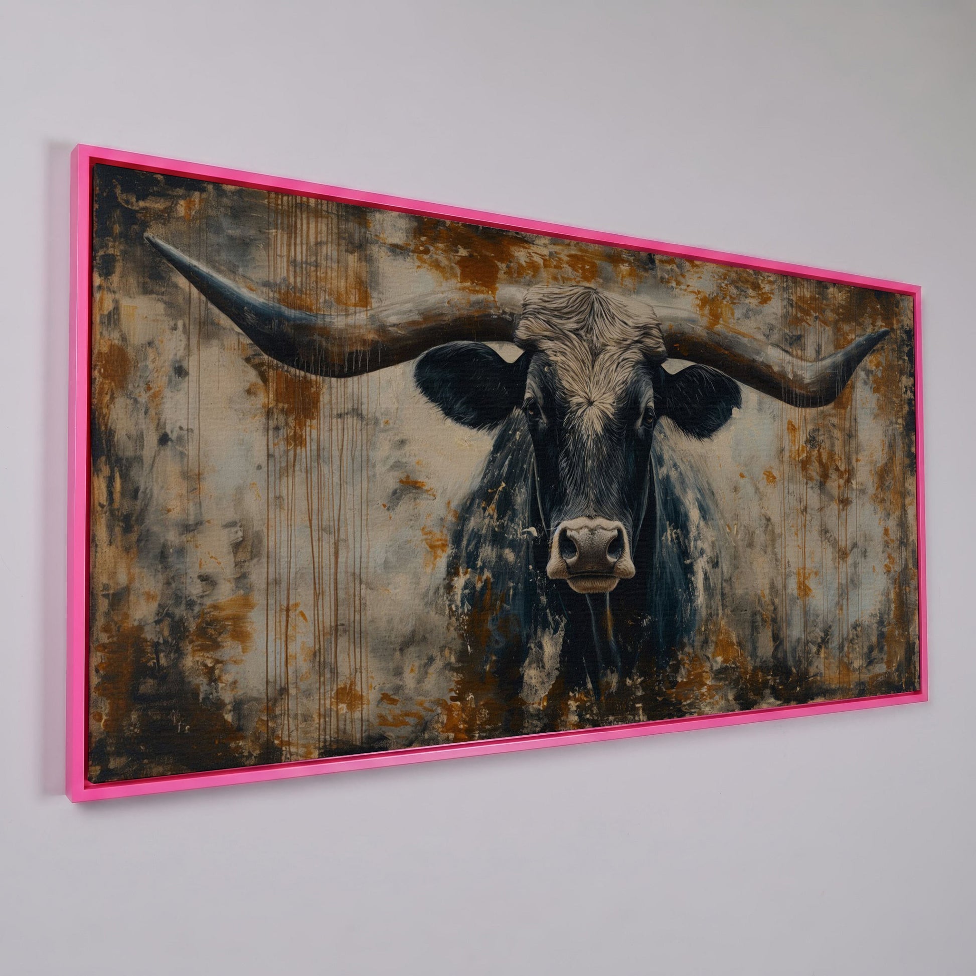 Rustic Bull Longhorn Canvas Print in pink floating frame