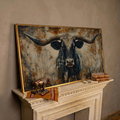 Rustic Bull Longhorn Canvas Print in rose gold floating frame