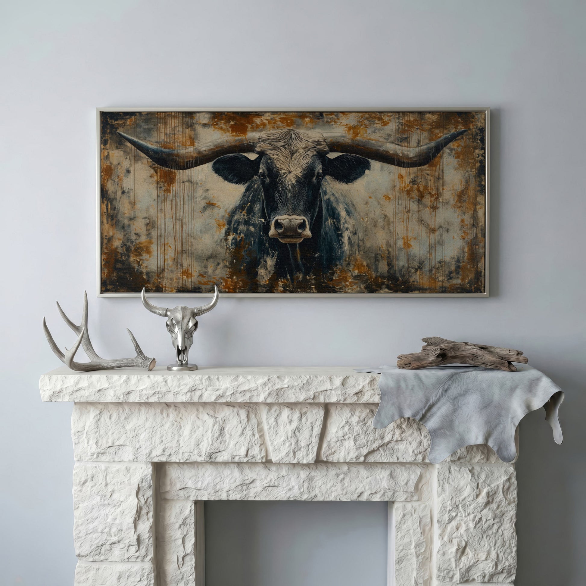 Rustic Bull Longhorn Canvas Print in silver floating frame