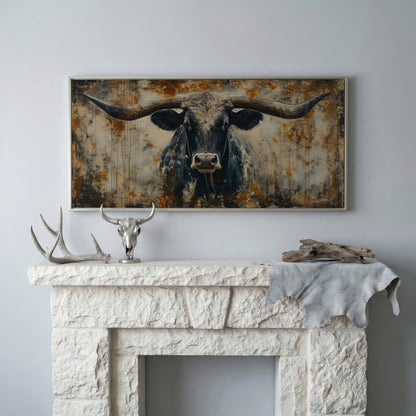 Rustic Bull Longhorn Canvas Print in silver floating frame