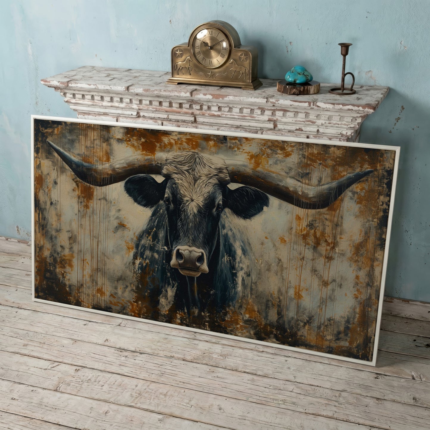 Rustic Bull Longhorn Canvas Print in white floating frame