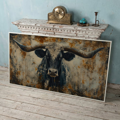 Rustic Bull Longhorn Canvas Print in white floating frame