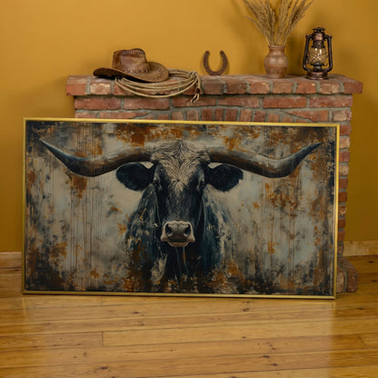 Rustic Bull Longhorn Canvas Print in yellow gold floating frame
