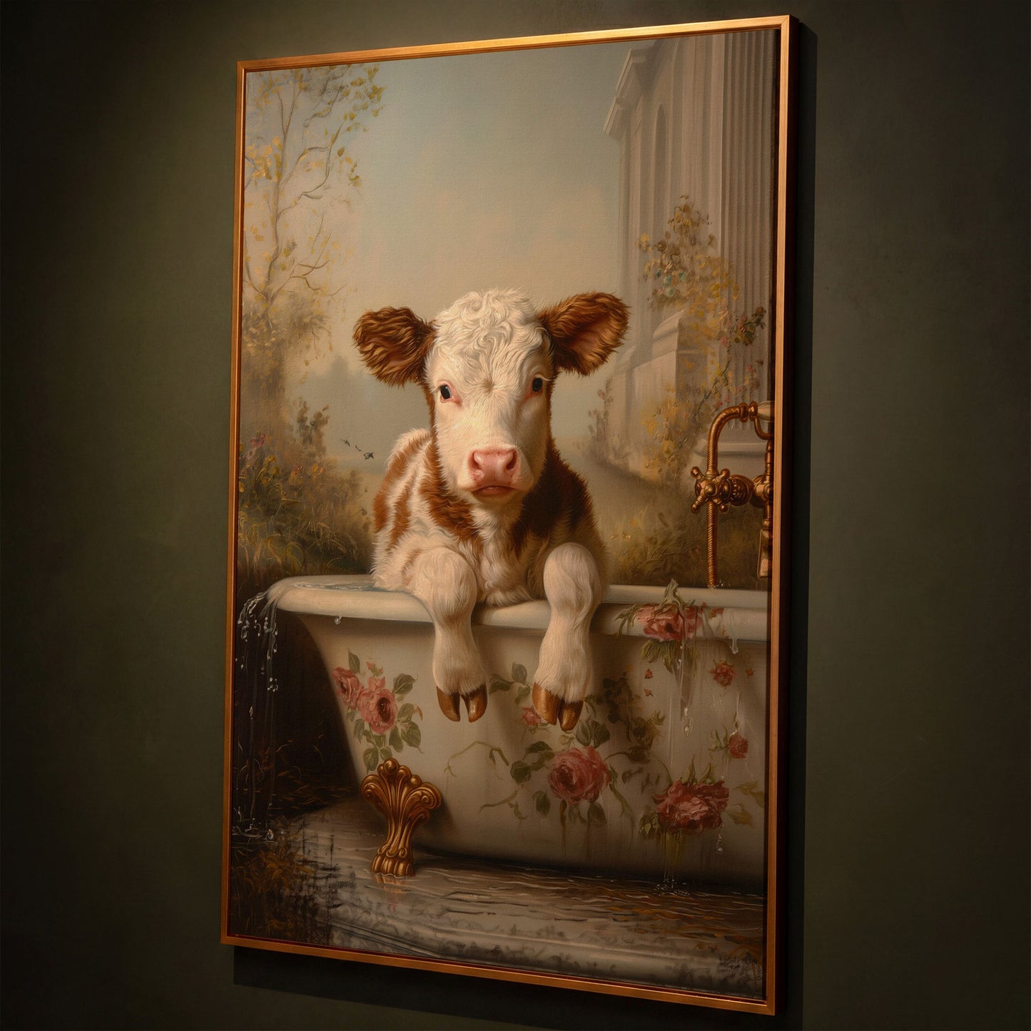 Whimsical Calf in Floral Bathtub Canvas Print shown in antique gold floating frame