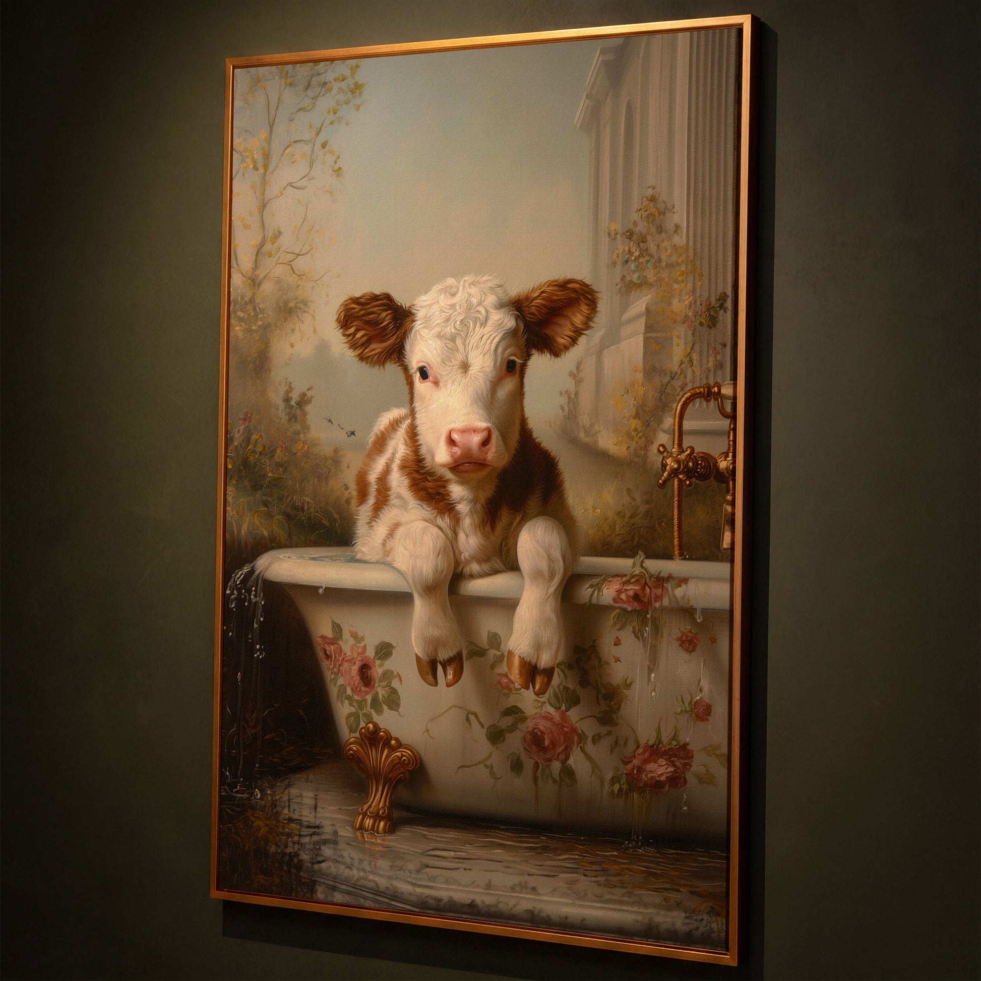 Whimsical Calf in Floral Bathtub Canvas Print shown in antique gold floating frame