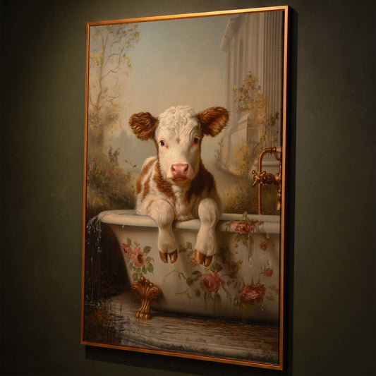 Whimsical Calf in Floral Bathtub Canvas Print shown in antique gold floating frame
