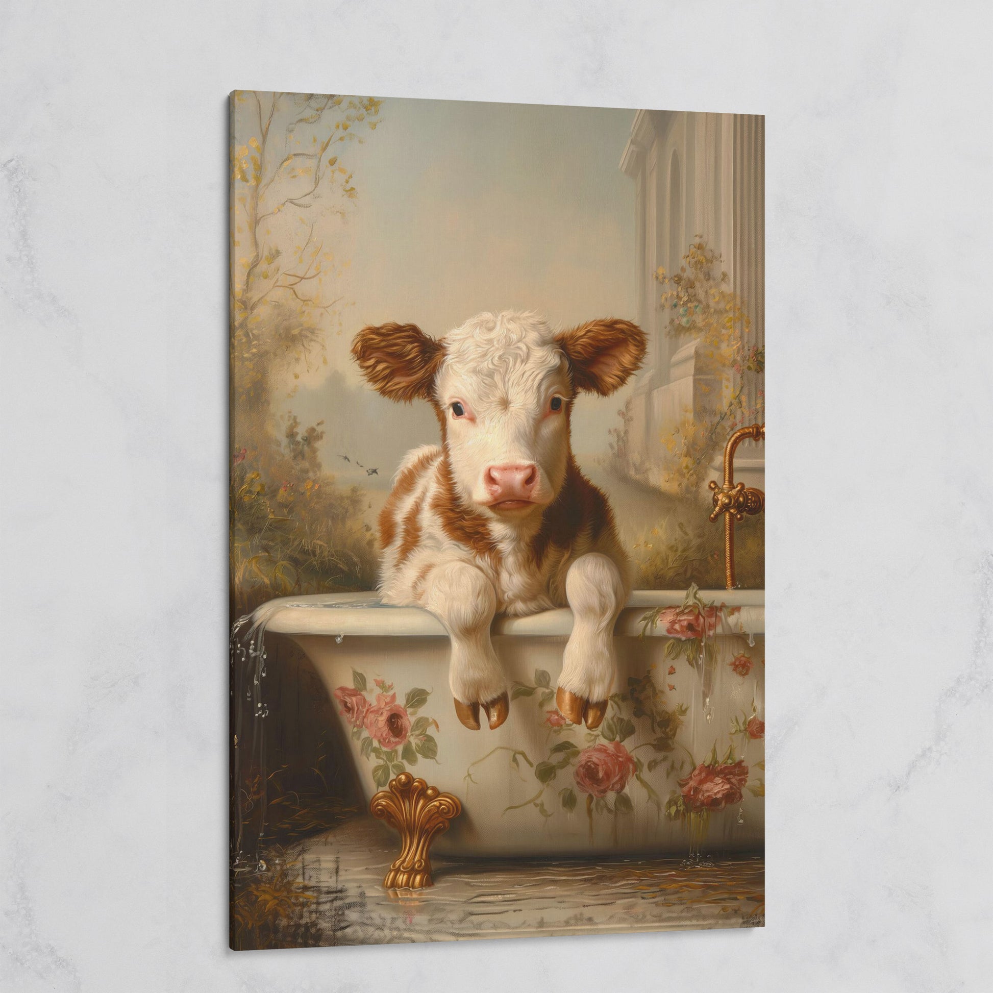 Whimsical Calf in Floral Bathtub Canvas Print on gallery wrap