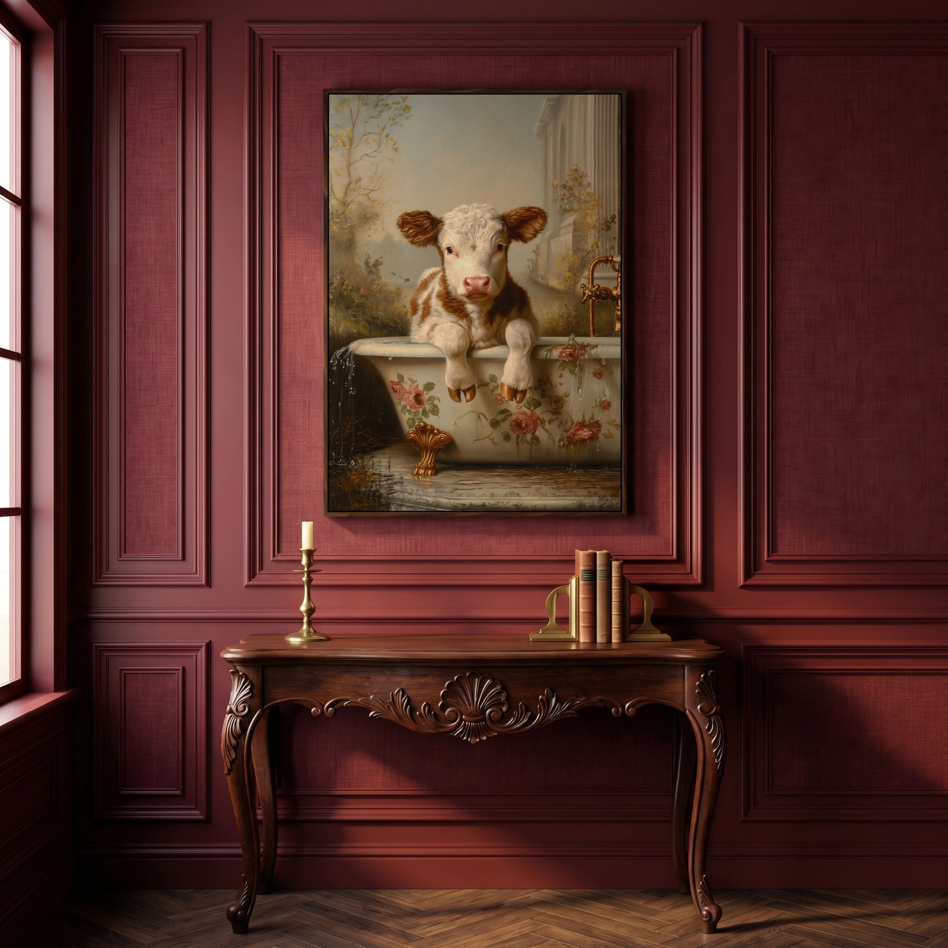 Whimsical Calf in Floral Bathtub Canvas Print in dark walnut floating frame