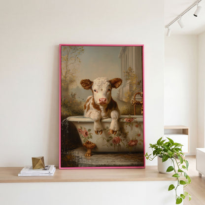 Whimsical Calf in Floral Bathtub Canvas Print in pink floating frame