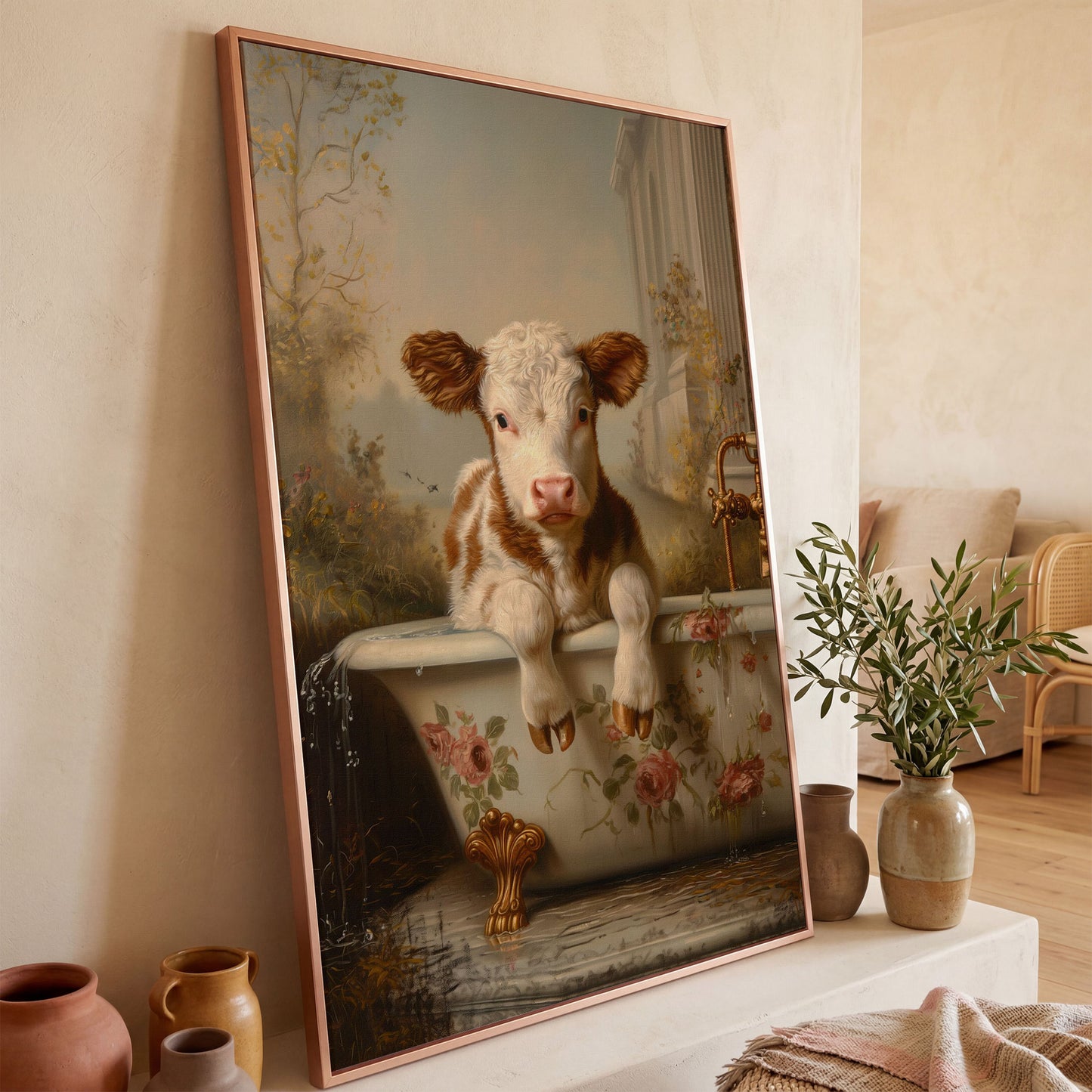 Whimsical Calf in Floral Bathtub Canvas Print in rose gold floating frame