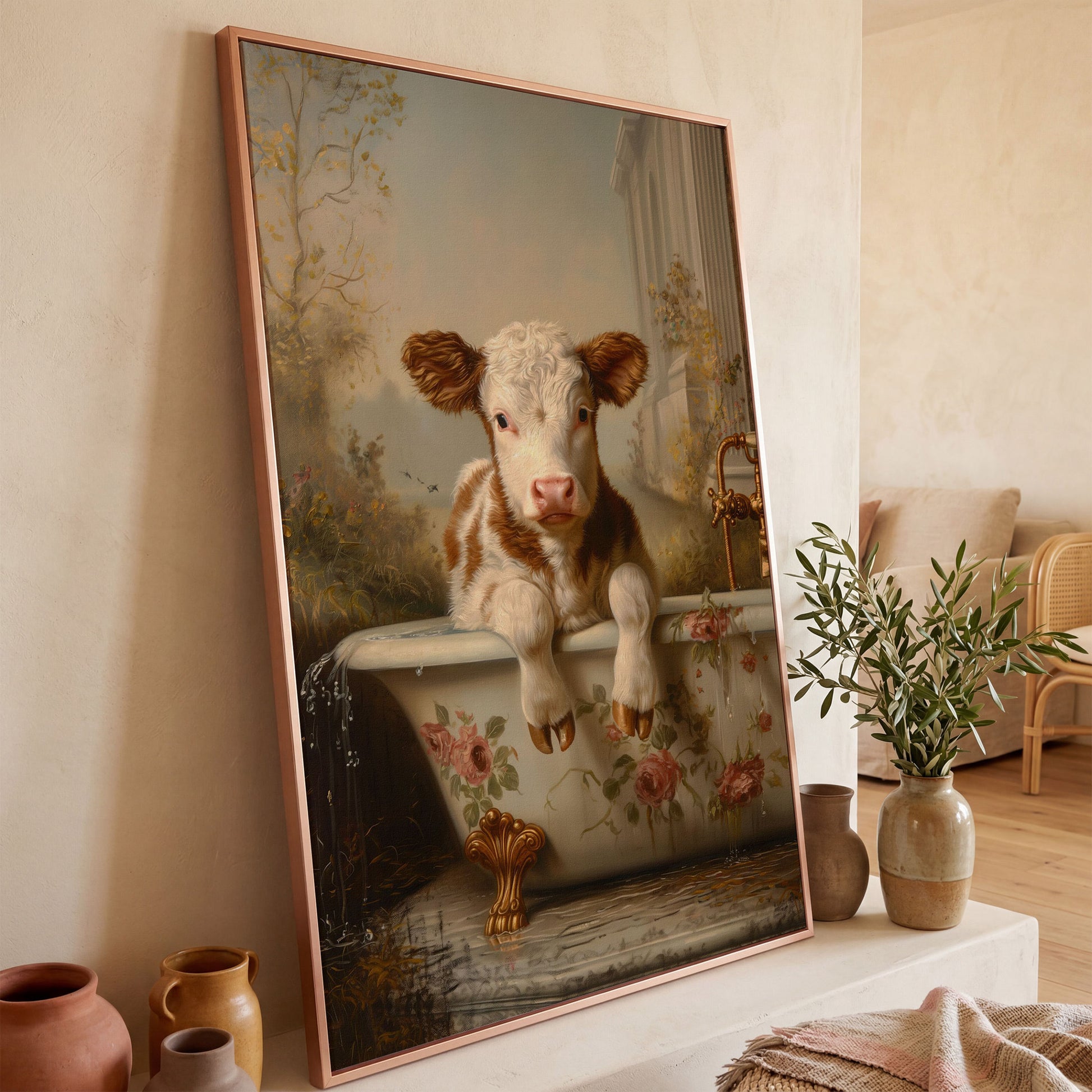 Whimsical Calf in Floral Bathtub Canvas Print in rose gold floating frame